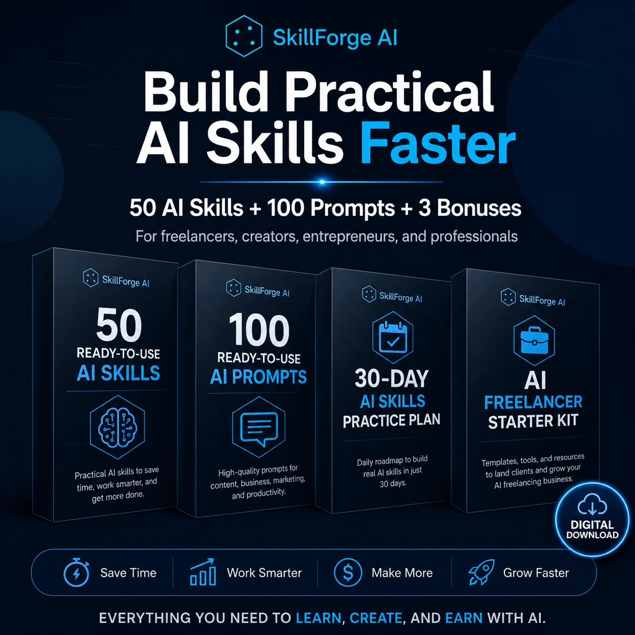 SkillForge AI Starter Toolkit bonuses including prompts, practice plan, and freelancer starter kit