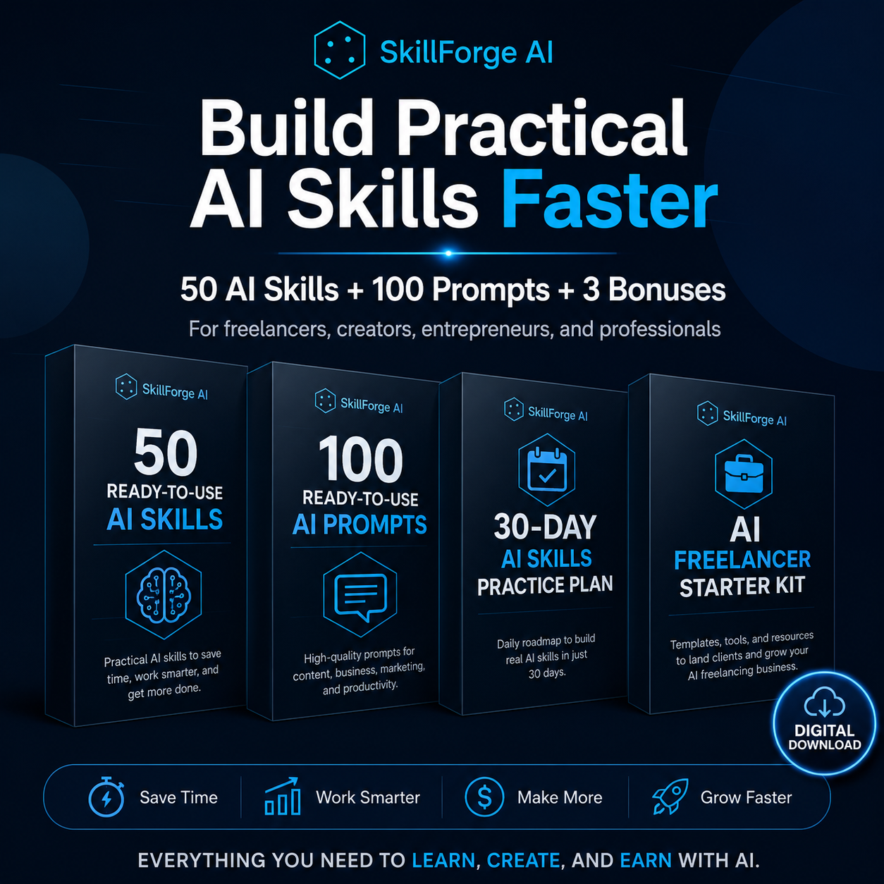 SkillForge AI Starter Toolkit bonuses including prompts, practice plan, and freelancer starter kit