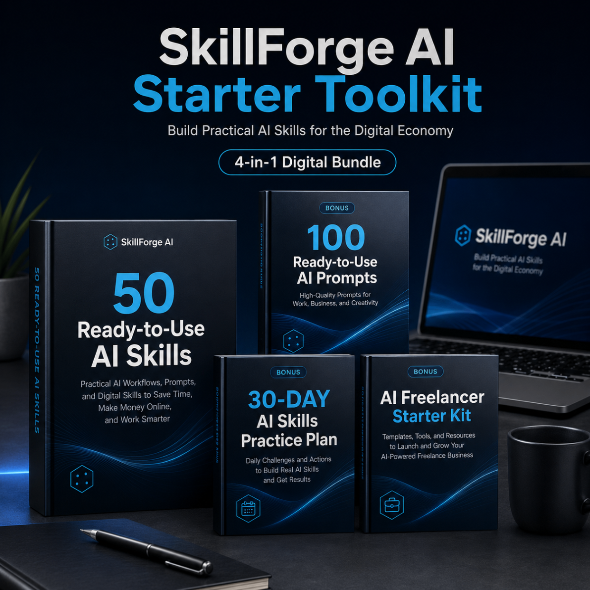 SkillForge AI Starter Toolkit digital product bundle with AI skills, prompts, practice plan, and freelancer kit