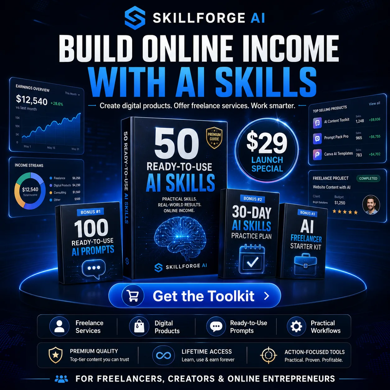Build online income with AI skills through freelance services and digital products