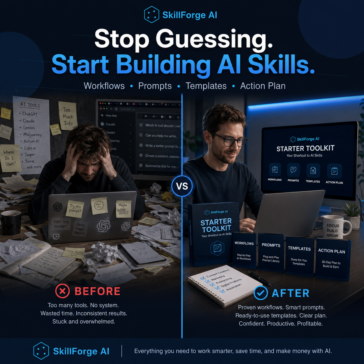 Overwhelmed freelancer wasting time with random AI prompts and messy workflows