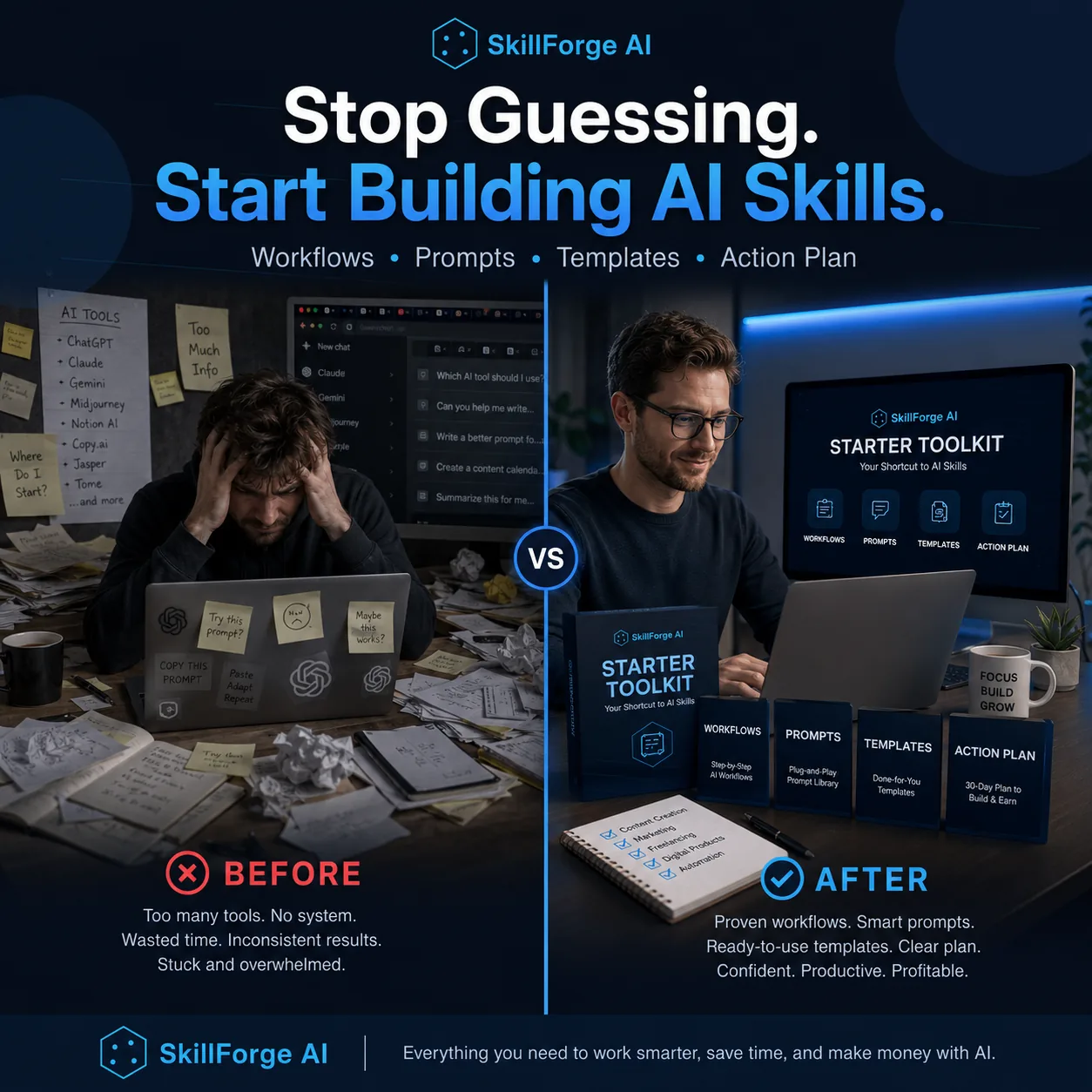 Overwhelmed freelancer wasting time with random AI prompts and messy workflows